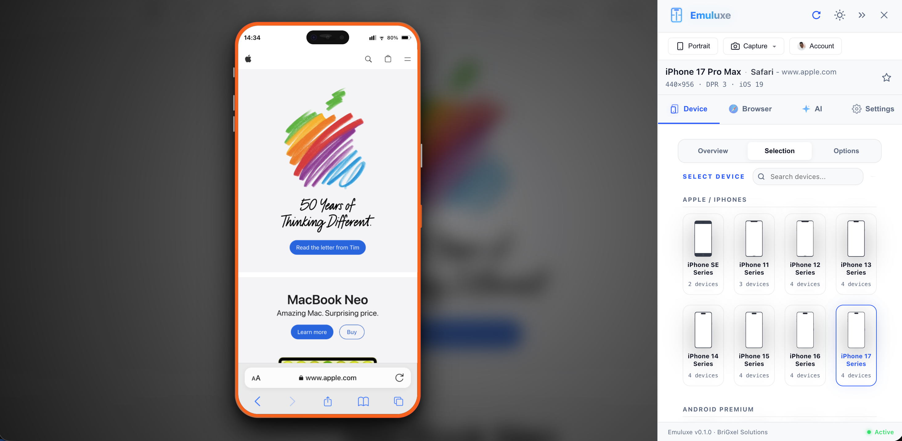 Emuluxe mobile device selection interface showing multiple hardware signatures