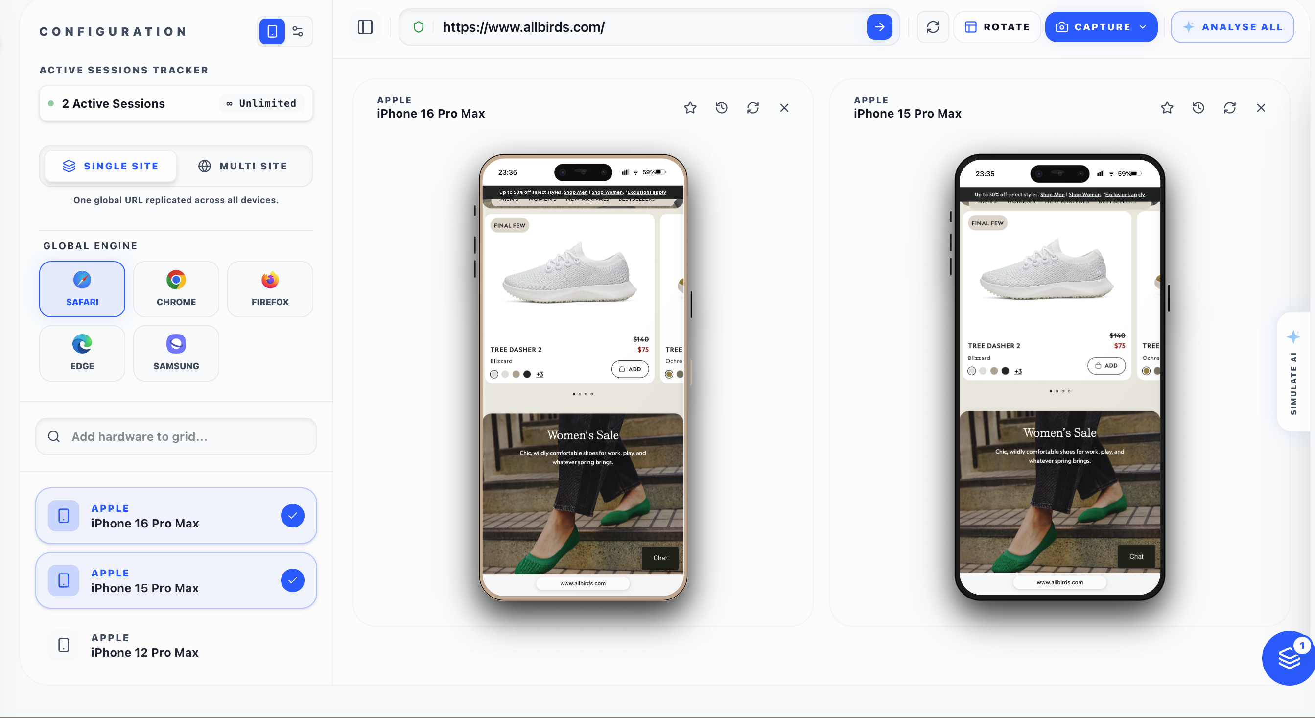 Emuluxe Single-Site Simulation — testing allbirds.com on iPhone 16 Pro Max and iPhone 15 Pro Max simultaneously
